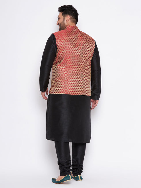 Vastramay Men's Plus Size Maroon Woven Nehru Jacket With Black Kurta And Pyjama Set